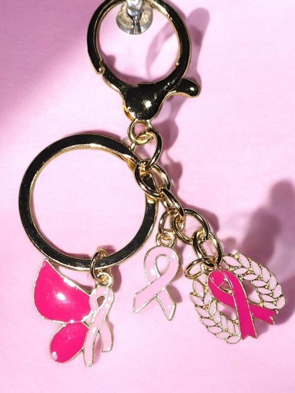 Gold-Tone Pink Ribbon Charm Key & Card Holder